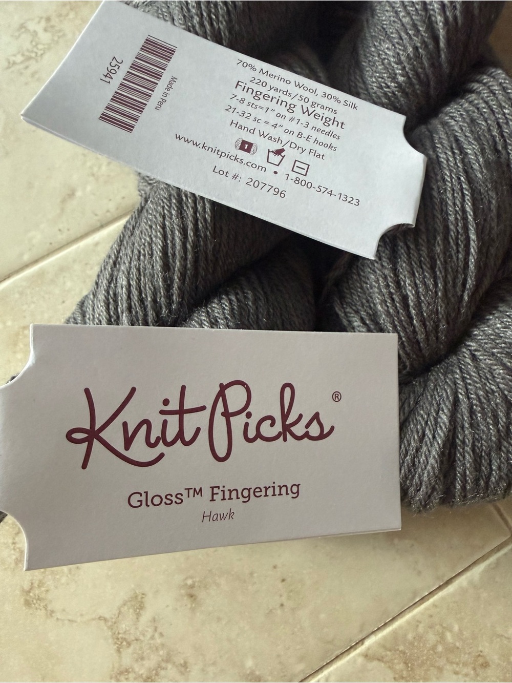 Knit Picks Gloss Fingering Yarn 2 Hanks in Hawk Gray